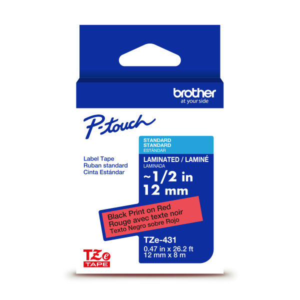 Brother P-touch TZe431 Black Print on Red Label Tape  1/2in (12mm) x 26.2ft (8m) Laminated  1-Piece