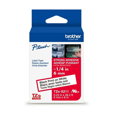 Brother P-touch TZeS211 Black Print on White Label Tape  1/4in (6mm) x 26.2ft (8m) Laminated  1-Piece
