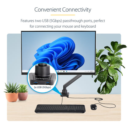 StarTech.com Desk Mount Monitor Arm with 2x USB 3.0 ports, Slim Full Motion Single Monitor Mount, up to 34" (17.6lb/8kg) VESA Display, Clamp/Grommet Mount, Mechanical Spring