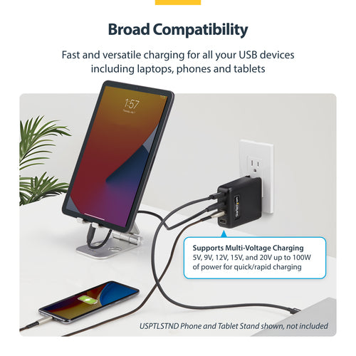 StarTech.com 100W USB-C Wall Charger, 2x USB-C/2x USB-A, Fast Charging Portable GaN Charger Power Adapter, USB Power Delivery 3.0, 6ft/1.8m Cable