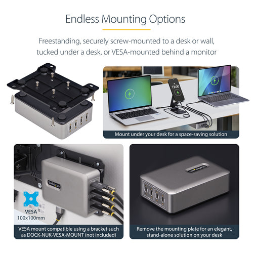 StarTech.com 4-Port Multi-Device USB-C Charger, 240W Total, Single Port 140W EPR, PD 3.1, Screw Locking Ports, Boardrooms, Bracket incl. for Surface Mounting