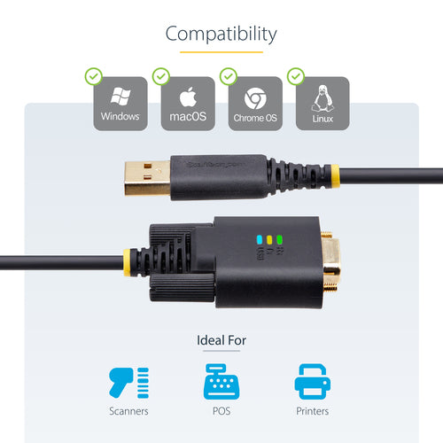StarTech.com 6.6ft (2m) USB to Serial Adapter Cable, COM Retention, Interchangeable Screws/Nuts, USB-A to DB9 RS232, FTDI IC, ESD Protection, Windows/macOS/Linux