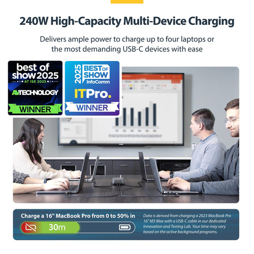 StarTech.com 4-Port Multi-Device USB-C Charger, 240W Total, Single Port 140W EPR, PD 3.1, Screw Locking Ports, Surface Mounting, Ideal for Boardrooms, 2x 10ft USB-C Side Locking 240W Cables Included