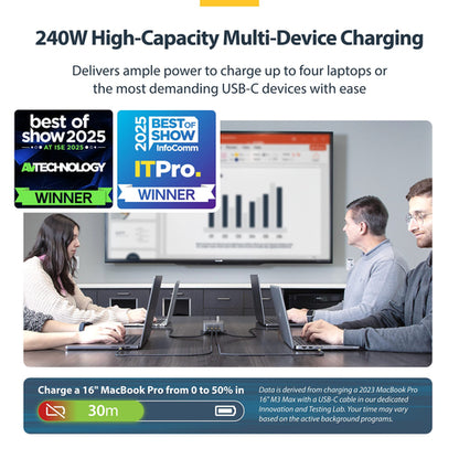 StarTech.com 4-Port Multi-Device USB-C Charger, 240W Total, Single Port 140W EPR, PD 3.1, Screw Locking Ports, Surface Mounting, Ideal for Boardrooms, 2x 10ft USB-C Side Locking 240W Cables Included