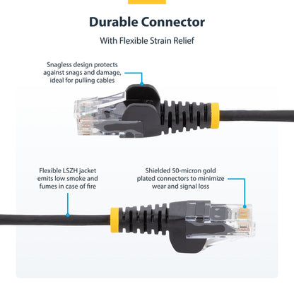 StarTech.com 9in Black Slim CAT6 Cable, 10 Pack, Snagless, 100W PoE, UTP, LSZH, 28AWG Pure Bare Copper Wire, Slim RJ45 Network Patch Cord w/Strain Reliefs, Individually Tested