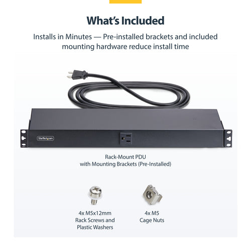 StarTech.com 13-Outlet Rackmount PDU, 1U Server Power Strip with 1x Front and 12x Rear Ports, Mounted Power Distribution Unit for 19-Inch Racks and Cabinets