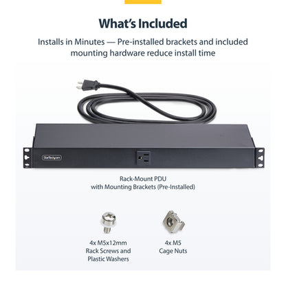 StarTech.com 13-Outlet Rackmount PDU, 1U Server Power Strip with 1x Front and 12x Rear Ports, Mounted Power Distribution Unit for 19-Inch Racks and Cabinets