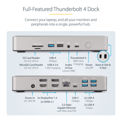 StarTech.com Universal USB4 & Thunderbolt 4 Docking Station, Quad Display on Windows, Dual Display on MacBook, HDMI DP Dock with 98W Laptop Charging