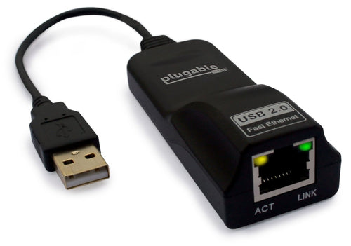 Plugable Technologies USB 2.0 to Ethernet Fast 10/100 LAN Wired Network Adapter - Driverless and Compatible with Chromebook, Windows, Linux
