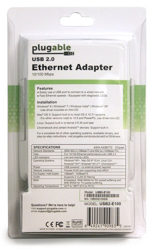 Plugable Technologies USB 2.0 to Ethernet Fast 10/100 LAN Wired Network Adapter - Driverless and Compatible with Chromebook, Windows, Linux