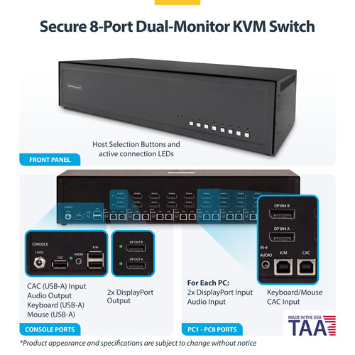 StarTech.com Secure 8-Port Dual-Monitor KVM Switch, DisplayPort, 4K 30Hz, NIAP 4.0 Desktop KVM, Metal Housing, CAC Port, Made in the USA