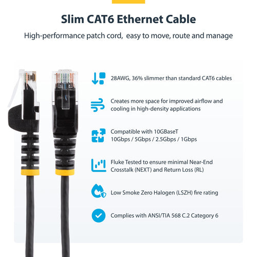 StarTech.com 9in Black Slim CAT6 Cable, 10 Pack, Snagless, 100W PoE, UTP, LSZH, 28AWG Pure Bare Copper Wire, Slim RJ45 Network Patch Cord w/Strain Reliefs, Individually Tested
