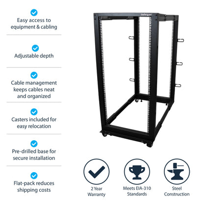 StarTech.com 4-Post 25U Mobile Open Frame Server Rack, Four Post 19in Network Rack with Wheels, Rolling Rack with Adjustable Depth for Computer/AV/Data/IT Equipment - Casters, Leveling Feet or Floor Mounting