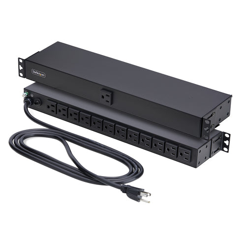 StarTech.com 13-Outlet Rackmount PDU, 1U Server Power Strip with 1x Front and 12x Rear Ports, Mounted Power Distribution Unit for 19-Inch Racks and Cabinets