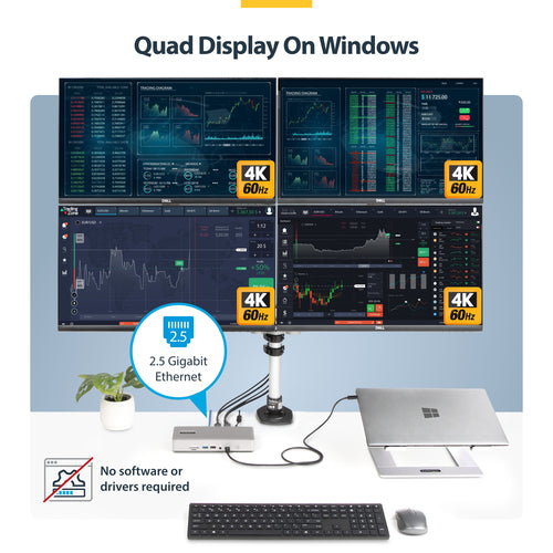 StarTech.com Universal USB4 & Thunderbolt 4 Docking Station, Quad Display on Windows, Dual Display on MacBook, HDMI DP Dock with 98W Laptop Charging