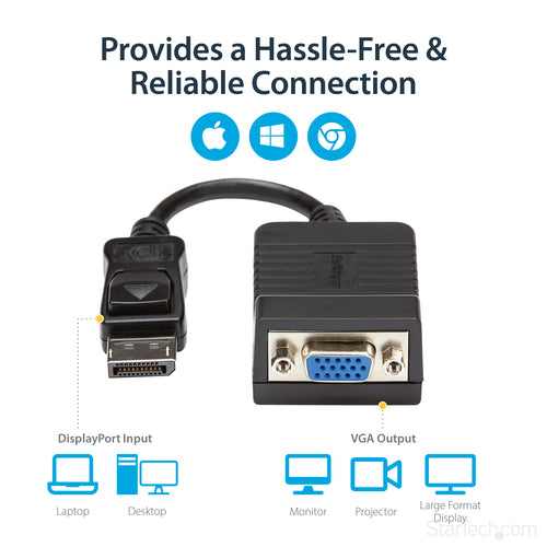 StarTech.com DisplayPort to VGA Adapter - Active DP to VGA Converter - 1080p Video - Durable - DP/DP++ Source to VGA Monitor Cable Adapter Dongle - DP 1.2 to VGA - Latching DP Connector