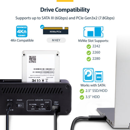 StarTech.com M.2 NVMe to 2.5/3.5" SATA Drive Duplicator, Dual Bay Standalone SSD Cloner/Drive Dock, Bidirectional NVMe to SATA / SATA to NVMe, Up to 27GBpm, TAA
