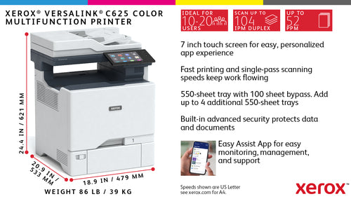 Xerox VersaLink C625 A4 50ppm Duplex Copy/Print/Scan/Fax PS3 PCL5e/6 2 Trays 650 Sheets