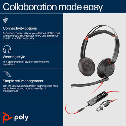 HP Poly Blackwire 5220 Stereo USB-C Headset +3.5mm Plug +USB-C/A Adapter