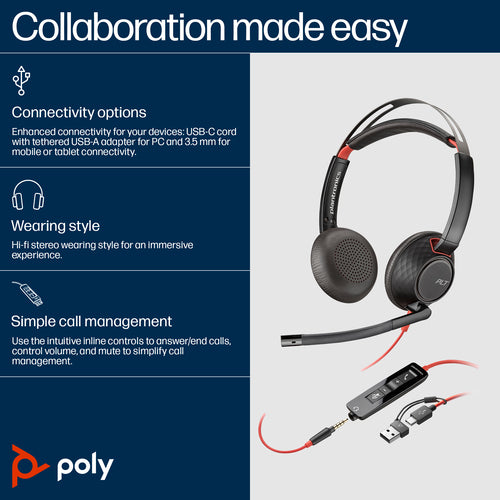 HP Poly Blackwire 5220 Stereo USB-C Headset +3.5mm Plug +USB-C/A Adapter (Bulk)