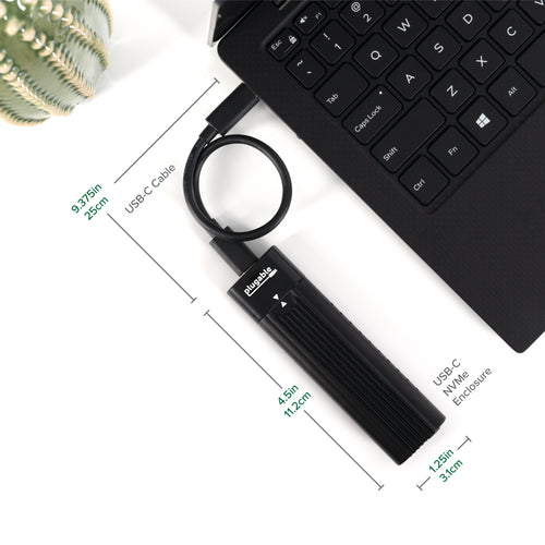 Plugable Technologies USB-C M.2 NVMe SSD Enclosure; Tool-Free & Driverless. USB 3 Type-C, including Thunderbolt and USB4, at 10Gbps. For M.2 NVMe SSDs 2230 to 2280 PCIe Gen 3 and 4. USB C and USB A cables included