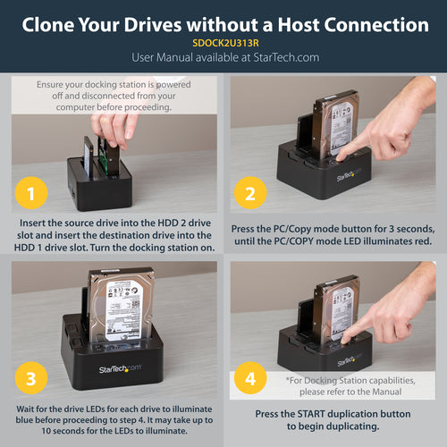 StarTech.com Standalone Hard Drive Duplicator, Dual Bay HDD/SSD Cloner/Copier, USB 3.1 (10Gbps) to SATA III HDD/SSD Docking Station, Hard Disk Duplicator Dock, Hard Drive Cloner