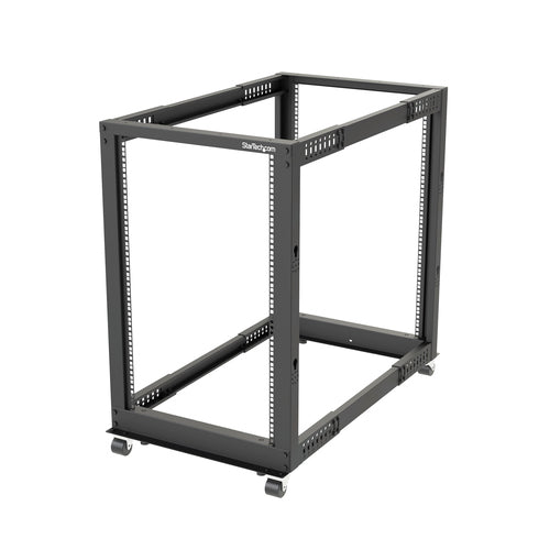 StarTech.com 4-Post 18U Mobile Open Frame Server Rack, Four Post 19" Network Rack with Wheels, Rolling Rack with Adjustable Depth for Computer/AV/Data/IT Equipment - Casters, Leveling Feet or Floor Mounting