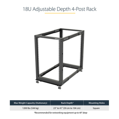StarTech.com 4-Post 18U Mobile Open Frame Server Rack, Four Post 19" Network Rack with Wheels, Rolling Rack with Adjustable Depth for Computer/AV/Data/IT Equipment - Casters, Leveling Feet or Floor Mounting