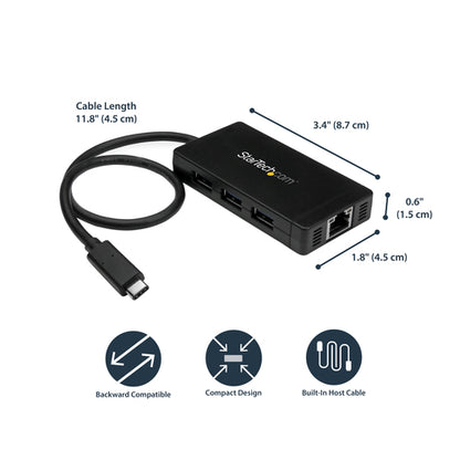 StarTech.com 3-Port USB 3.0 Hub plus Gigabit Ethernet - USB-C - Includes Power Adapter~3-Port USB-C Hub with Gigabit Ethernet - USB-C to 3x USB-A - USB 3.0 (5Gbps) - Includes Power Adapter
