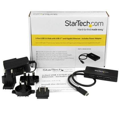 StarTech.com 3-Port USB 3.0 Hub plus Gigabit Ethernet - USB-C - Includes Power Adapter~3-Port USB-C Hub with Gigabit Ethernet - USB-C to 3x USB-A - USB 3.0 (5Gbps) - Includes Power Adapter