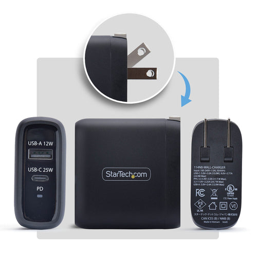 StarTech.com 37W USB-C & USB-A Wall Charger, Portable Charger with USB Power Delivery Fast Charging, 25W USB-C PD / 12W USB-A Output, Dual-Port USB-C/USB-A