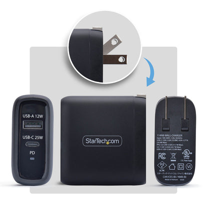 StarTech.com 37W USB-C & USB-A Wall Charger, Portable Charger with USB Power Delivery Fast Charging, 25W USB-C PD / 12W USB-A Output, Dual-Port USB-C/USB-A