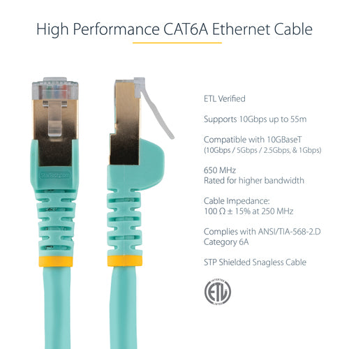StarTech.com 2ft CAT6a Ethernet Cable - 10 Gigabit Shielded Snagless RJ45 100W PoE Patch Cord - 10GbE STP Network Cable w/Strain Relief - Aqua Individually Tested/Wiring is UL Certified/TIA
