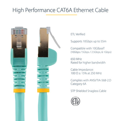 StarTech.com 2ft CAT6a Ethernet Cable - 10 Gigabit Shielded Snagless RJ45 100W PoE Patch Cord - 10GbE STP Network Cable w/Strain Relief - Aqua Individually Tested/Wiring is UL Certified/TIA