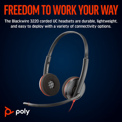HP Poly Blackwire 3220 Stereo USB-C Headset +USB-C/A Adapter