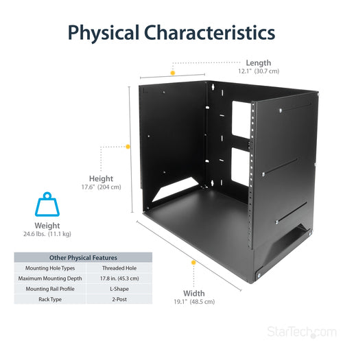 StarTech.com Wall-Mount Server Rack with Built-in Shelf - Solid Steel - 8U