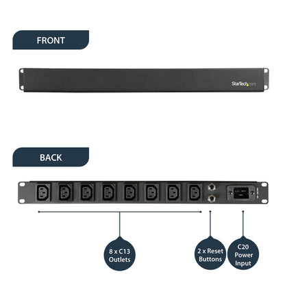 StarTech.com 1U 19 inch 8 Port Rack Mount PDU - IEC C13 Socket Rackmount Power Supply/Strip - Horizontal Server Rack Mountable PDU /Data Center Power Distribution Unit 16A 240V