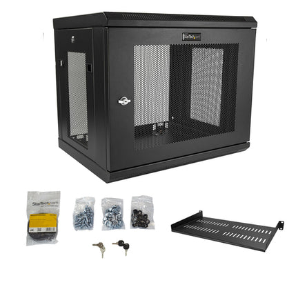 StarTech.com 2-Post 9U Wall Mount Network Cabinet with 1U Shelf, 19" Wall-Mounted Server Rack for Data / Networking / AV / Electronics / Computer Equipment, Small Vented Rack Enclosure