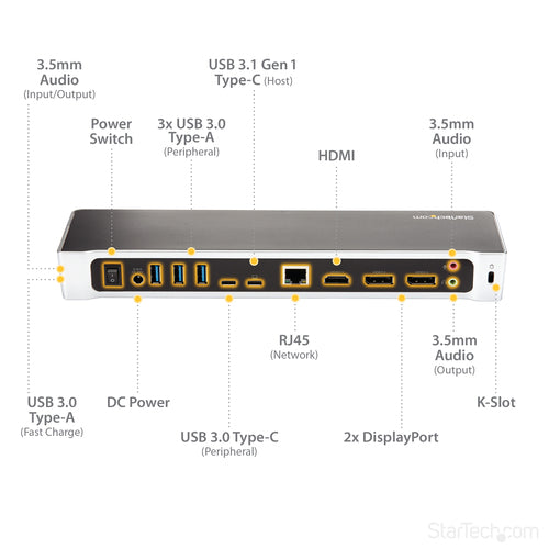 StarTech.com 4K USB-C Dock, Triple UHD 4K Monitor Docking Station, Mac & Windows, USB C to HDMI & DisplayPort, 60W Power Delivery, 5x USB 5Gbps Hub - TAA