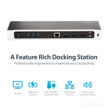 StarTech.com 4K USB-C Dock, Triple UHD 4K Monitor Docking Station, Mac & Windows, USB C to HDMI & DisplayPort, 60W Power Delivery, 5x USB 5Gbps Hub - TAA