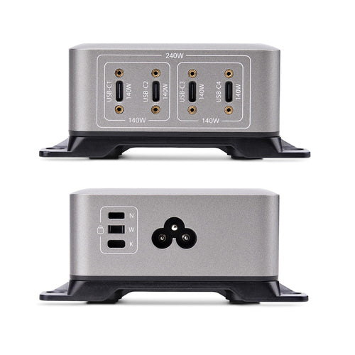 StarTech.com 4-Port Multi-Device USB-C Charger, 240W Total, Single Port 140W EPR, PD 3.1, Screw Locking Ports, Surface Mounting, Ideal for Boardrooms, 2x 10ft USB-C Side Locking 240W Cables Included