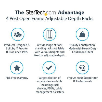 StarTech.com 4-Post 42U Mobile Open Frame Server Rack, Four Post 19" Network Rack with Wheels, Rolling Rack with Adjustable Depth for Computer/AV/Data/IT Equipment - Casters, Leveling Feet or Floor Mounting