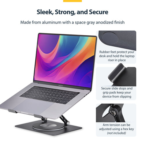 StarTech.com Rotating Laptop Stand, 360 Swivel, Ergonomic Desk Riser for Computer, Elevated Tray w/ Adjustable Tilt, Max 11lb/5kg, Aluminum Build, Portable Design