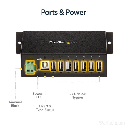 StarTech.com 7-Port USB 2.0 Hub - Metal Industrial USB-A Hub with ESD Protection & 350W Surge Protection - Din Rail, Wall or Desk Mountable - TAA Compliant USB Expander Hub