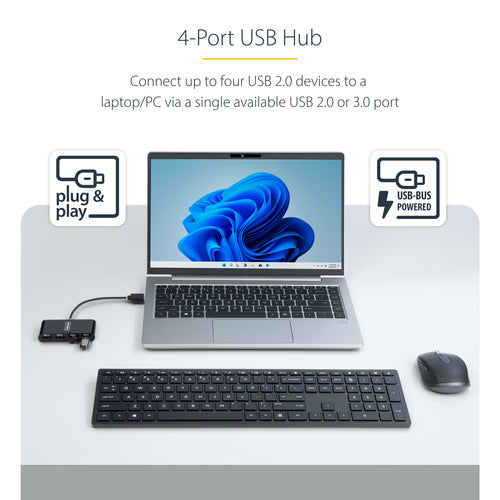 StarTech.com 4-Port USB 2.0 Hub, USB Bus Powered, Small Travel Mini USB Hub, USB 2.0 Splitter, Portable Multi-Port USB Hub, 480Mbps, Overcurrent Protection (OCP)