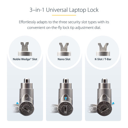 StarTech.com 3-in-1 Universal Laptop Lock 6.6ft (2m), Master Keyed Locking Cable, Compatible w/Noble Wedge®/Nano/K-Slot, Anti-Theft Cut-Resistant Cable, TAA