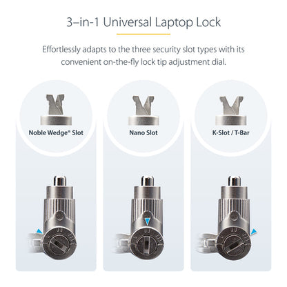StarTech.com 3-in-1 Universal Laptop Lock 6.6ft (2m), Master Keyed Locking Cable, Compatible w/Noble Wedge®/Nano/K-Slot, Anti-Theft Cut-Resistant Cable, TAA