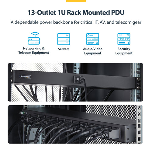 StarTech.com 13-Outlet Rackmount PDU, 1U Server Power Strip with 1x Front and 12x Rear Ports, Mounted Power Distribution Unit for 19-Inch Racks and Cabinets