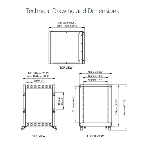 StarTech.com 15U 4-Post Server Rack, 19in Open Frame Rack with 40in (101cm) Mounting Depth and 1200lb (544kg) Weight Capacity, Mobile or Floor Mount IT Rack
