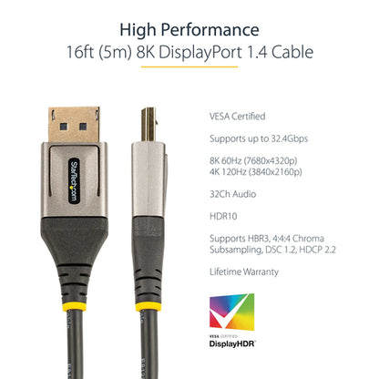 StarTech.com 16.4ft (5m) VESA Certified DisplayPort 1.4 Cable - 8K 60Hz HDR10 - Ultra HD 4K 120Hz Video - DP 1.4 Cable / Cord - For Monitors/Displays - DisplayPort to DisplayPort Cable - M/M